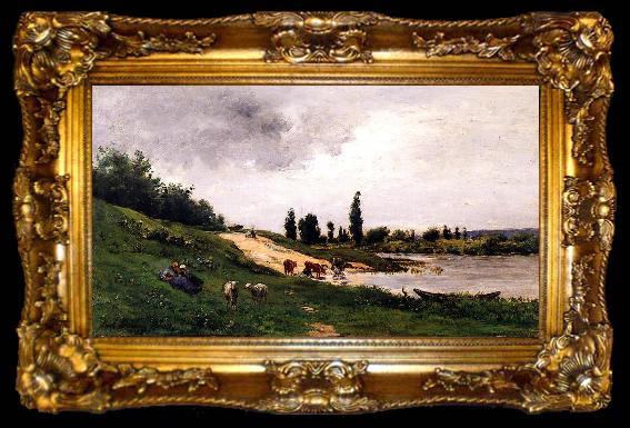 framed  Charles-Francois Daubigny Washerwomen on the Riverbank, ta009-2